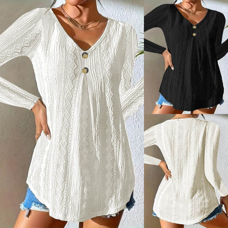 Damen Langarmshirt mit tiefem V-Ausschnitt und dekorativen Knöpfen R&B