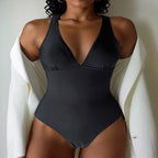 Damen Einteiler Badeanzug mit tiefem V-Ausschnitt und stützenden Trägern R&B