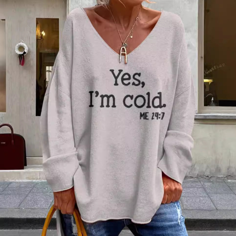 Damen Oversized Pullover mit modernem V-Ausschnitt und aufgedrucktem Statement R&B