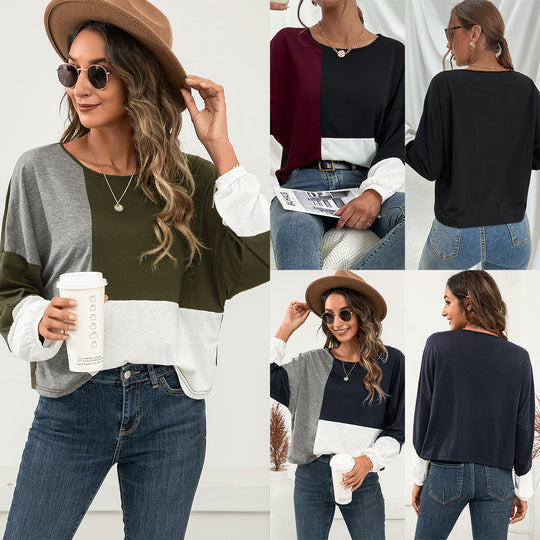 Damen lässiges Oversized T-Shirt mit Farbblockdesign und Rundhalsausschnitt R&B