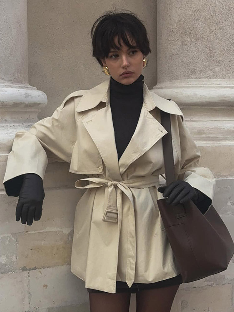 Damen Modische Kurztrenchjacke mit Taillenknoten und großzügigen Taschen R&B
