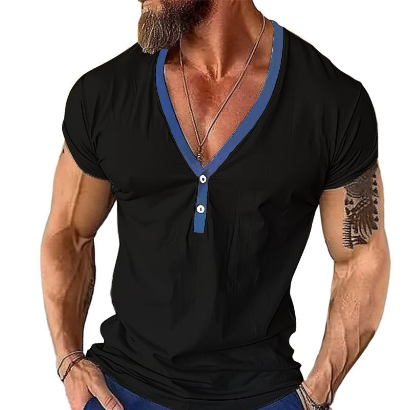Herren Kurzarmshirt mit modernem V-Ausschnitt und Knopfleiste R&B