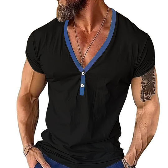 Herren Kurzarmshirt mit modernem V-Ausschnitt und Knopfleiste R&B