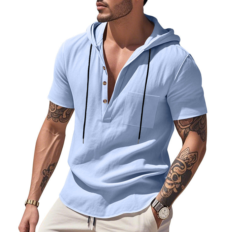 Herren Kurzarm-Henley-Shirt mit praktischer Kapuze und modischen Akzenten R&B