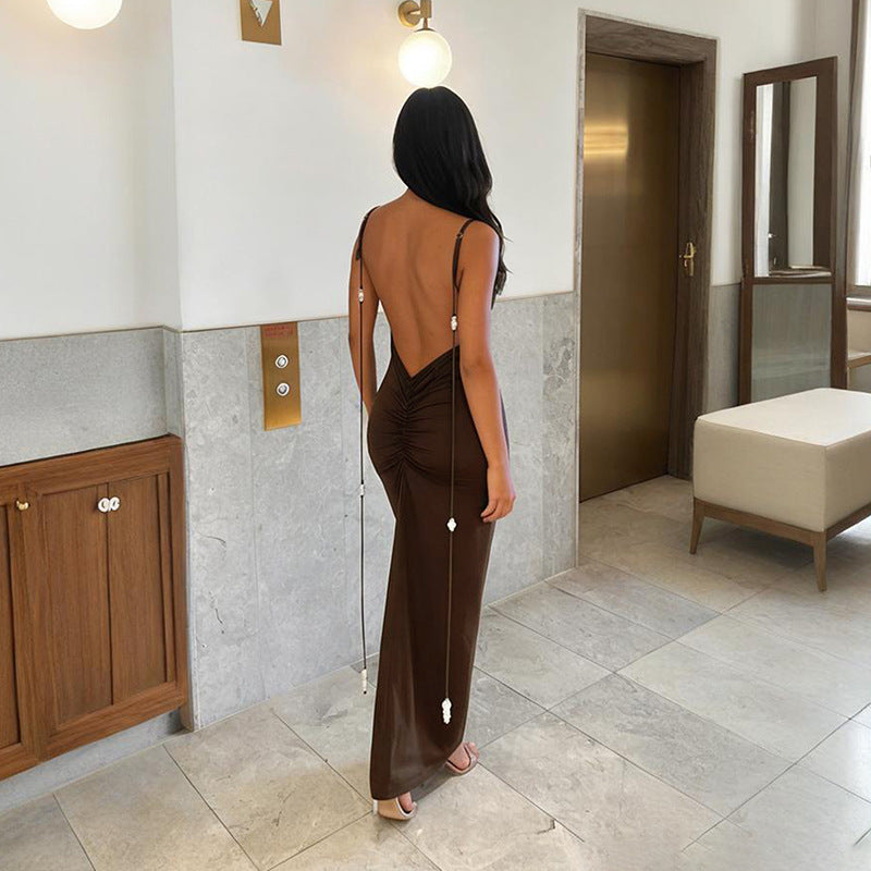 Damen Körperbetontes Maxikleid mit tiefem Rückenausschnitt und Rüschendetails R&B
