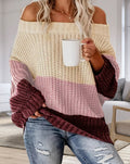 Damen Lässiger Overzise-Strickpullover mit Off-Shoulder-Ausschnitt und angesagtem Farbblockdesign R&B