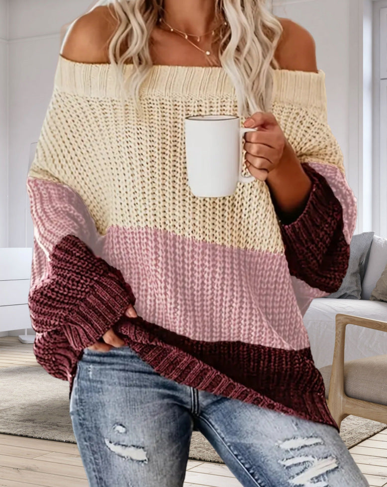 Damen Lässiger Overzise-Strickpullover mit Off-Shoulder-Ausschnitt und angesagtem Farbblockdesign R&B