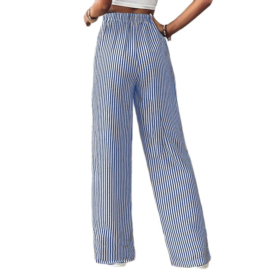 Damen weite Streifenhose mit Gummizug und Seitentaschen