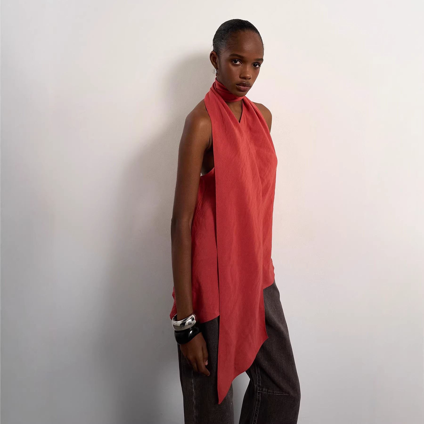 Damen asymmetrisches Wickeloberteil mit elegantem Schal R&B
