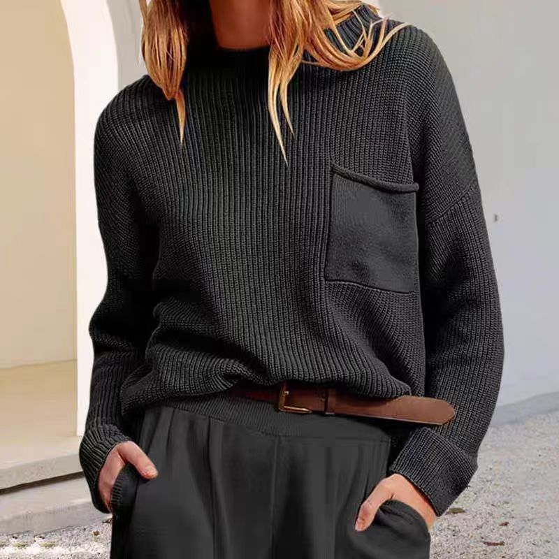 Damen Strickpullover mit glänzender Struktur und praktischer Brusttasche R&B