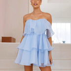 Damen luftiger Trendkleid mit Volant und schulterfreiem Design R&B