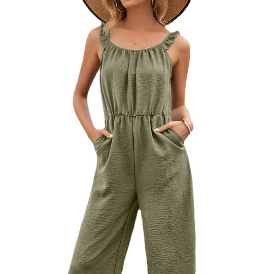 Damen luftiger Jumpsuit mit Rüschensäumen und tailliertem Bund R&B