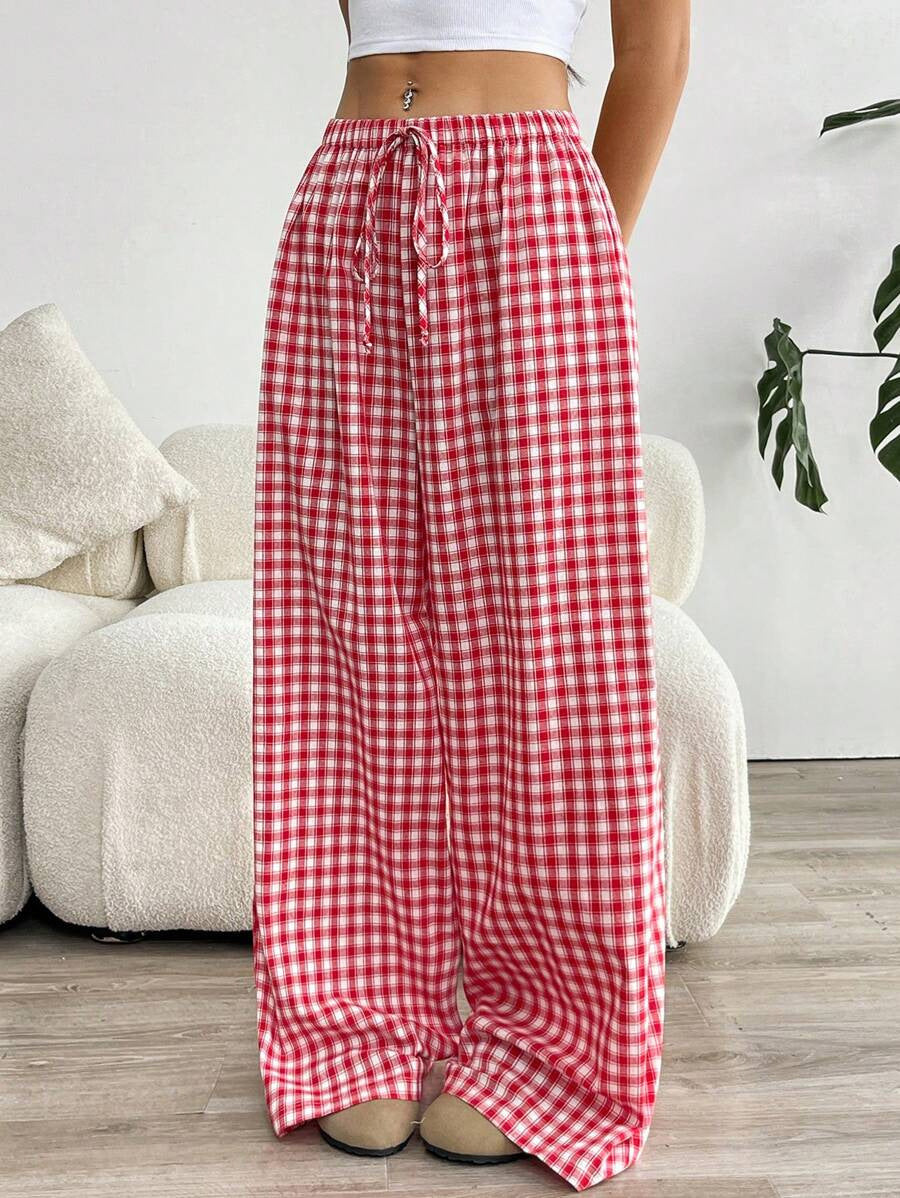 Damen weite Vichy-Hose mit elastischem Bund und Kordelzug R&B