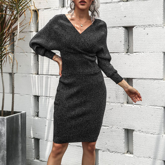 Damen Strickkleid mit tiefem V-Ausschnitt und schulterfreien Ärmeln R&B