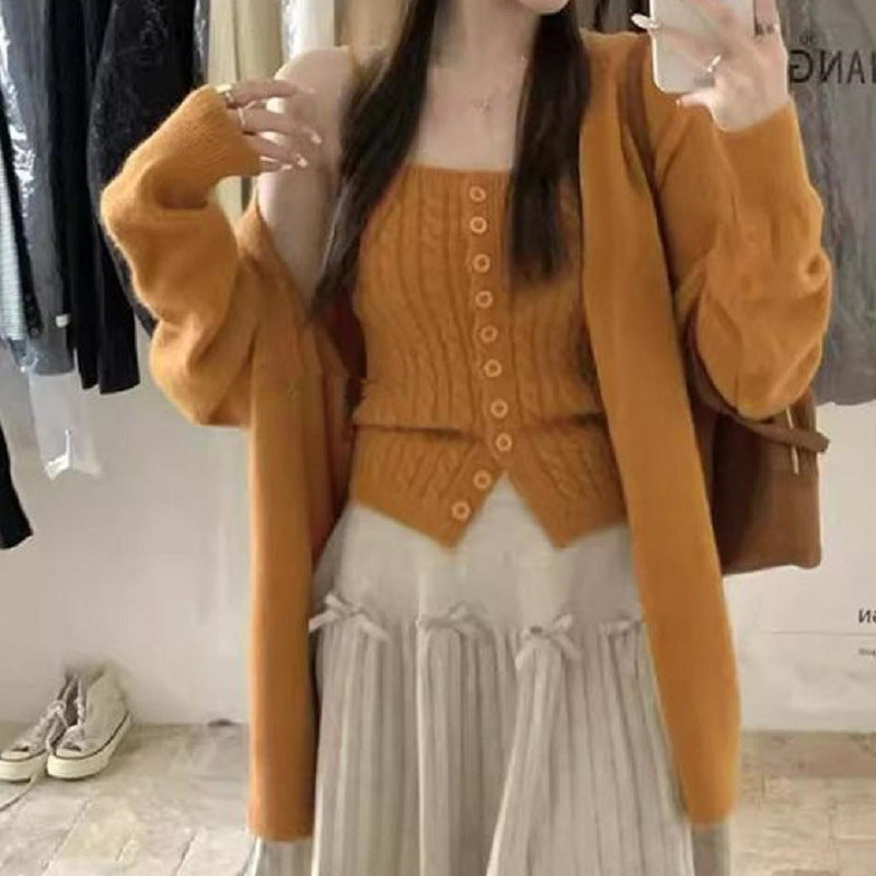 Damen Strick-Top mit Knöpfen und Cardigan
