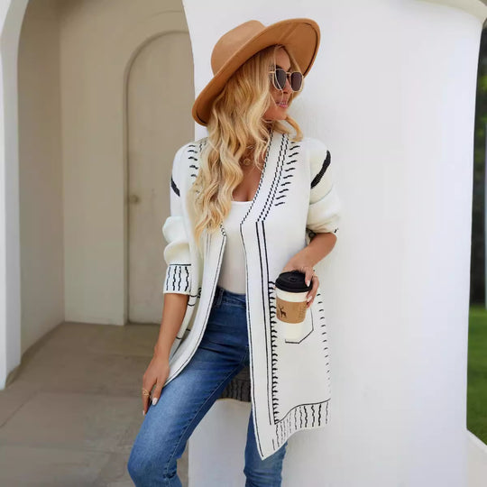Damen Langarm Cardigan mit grafischem Design und praktischen Taschen R&B