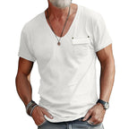 Herren V-Ausschnitt T-Shirt mit dekorativer Brusttasche und attraktiver Struktur