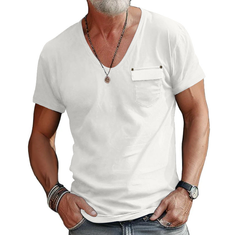 Herren V-Ausschnitt T-Shirt mit dekorativer Brusttasche und attraktiver Struktur