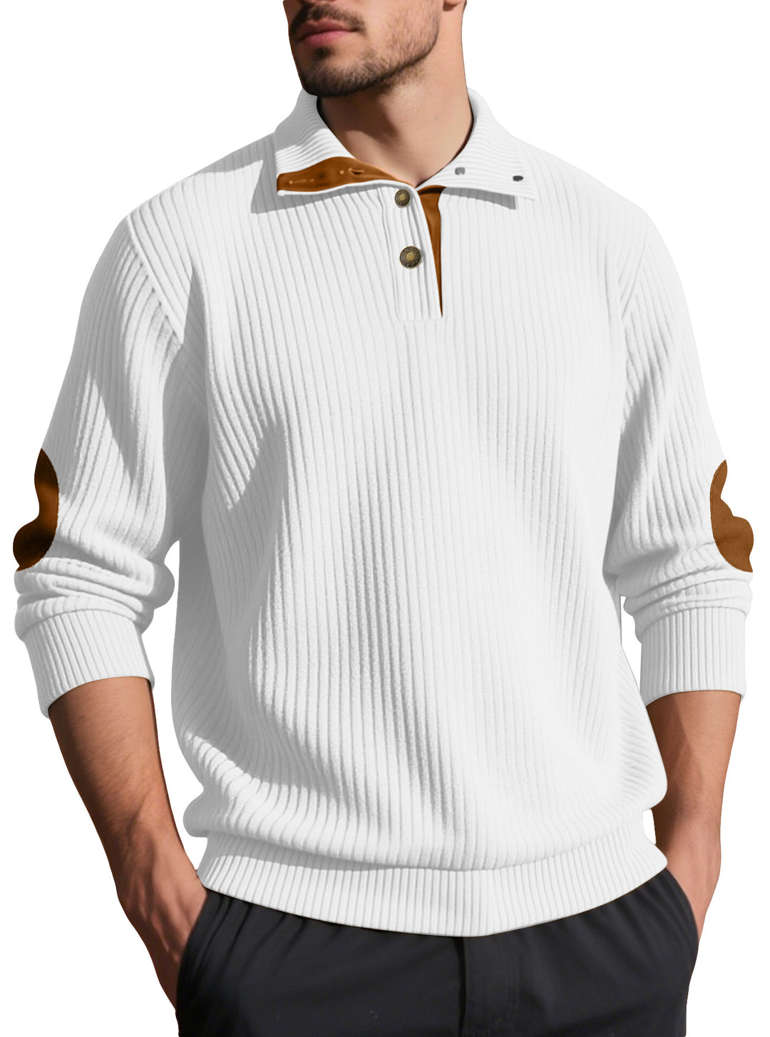 Herren nan Rippstrick-Halbknopf-Pullover mit Kentkragen und Lederbesatz R&B
