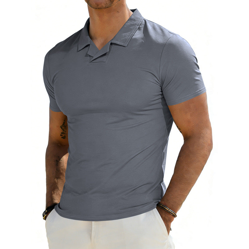 Herren nan schmal geschnittenes Kurzarm-Polo mit offenem Hemdkragen und elastischem Baumwollstretch R&B