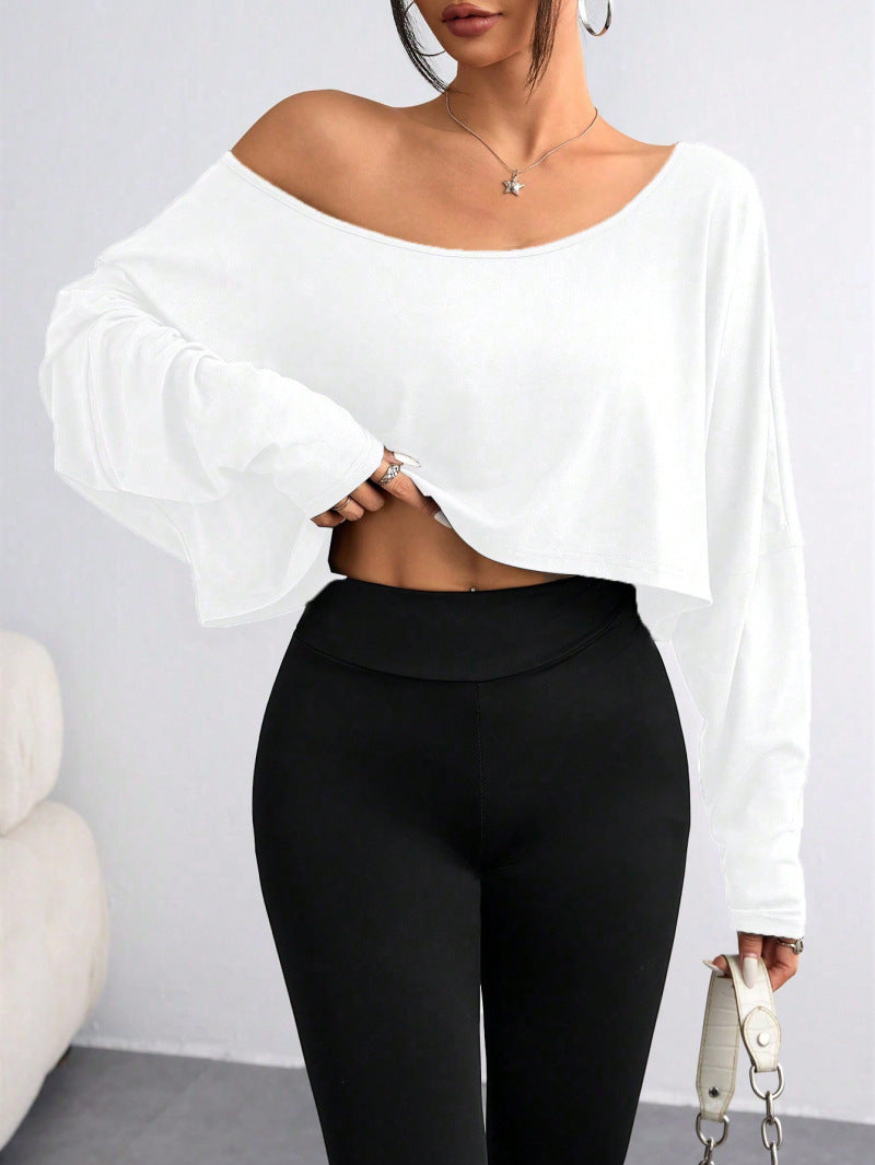 Damen Lässiges Crop-Top mit weitem Schnitt und asymmetrischem Ausschnitt R&B