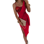 Damen elegantes Wickelkleid mit Glitzeroberteil und Schlitz R&B