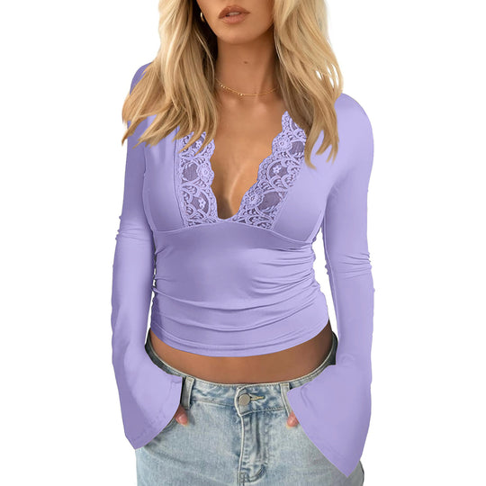 Damen Wickeloberteil mit Spitze und weitem Ärmel R&B