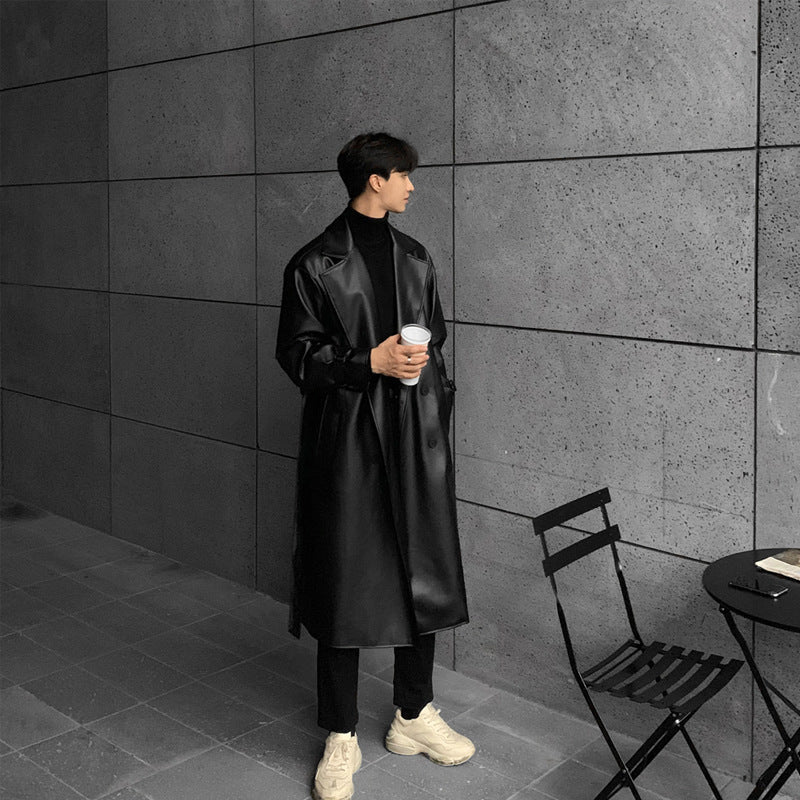 Herren modischer Longtrenchcoat aus hochwertigem Kunstleder mit elegantem Schnitt R&B