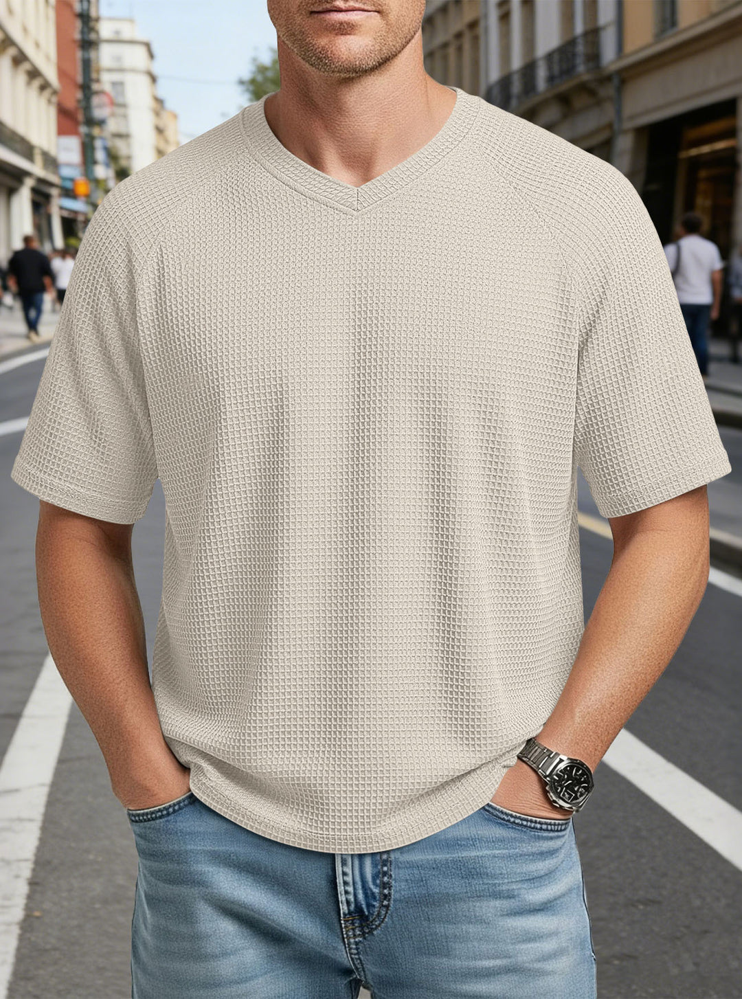 Herren nan lässiges V-Ausschnitt Waffelstrick-T-Shirt aus atmungsaktivem Baumwollmix R&B