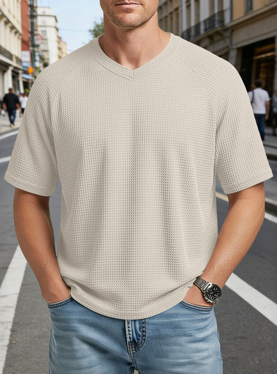 Herren nan lässiges V-Ausschnitt Waffelstrick-T-Shirt aus atmungsaktivem Baumwollmix R&B