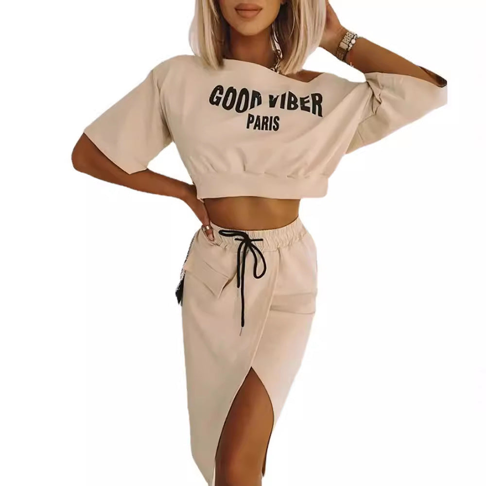 Damen lässiges Crop-Top und Rock Set mit seitlichem Schlitz R&B