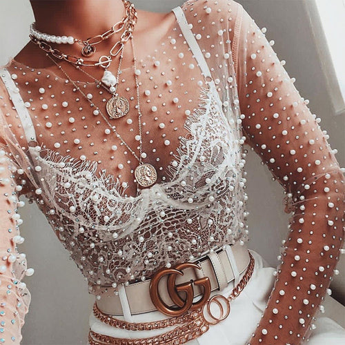 Damen glitzerndes Langarm-Top mit Strassverzierungen R&B