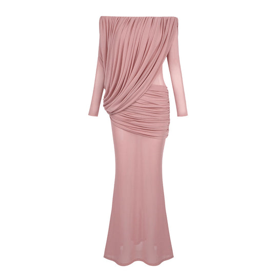 Damen Langarm Maxikleid mit Drapier-Design und schulterfreiem Ausschnitt R&B