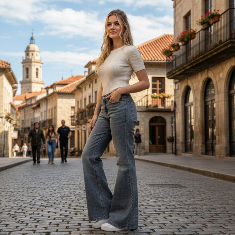 Damen Flared Jeans mit hohem Taillenbund und eleganter Waschung R&B