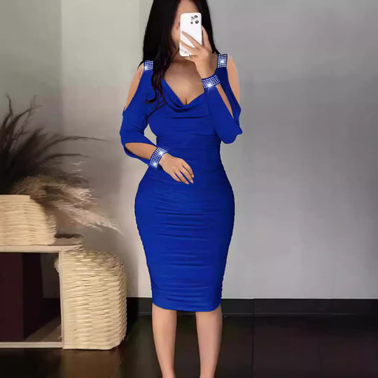 Damen Figurbetontes Cocktailkleid mit detaillierter Raffung und Off-Shoulder-Ärmeln R&B