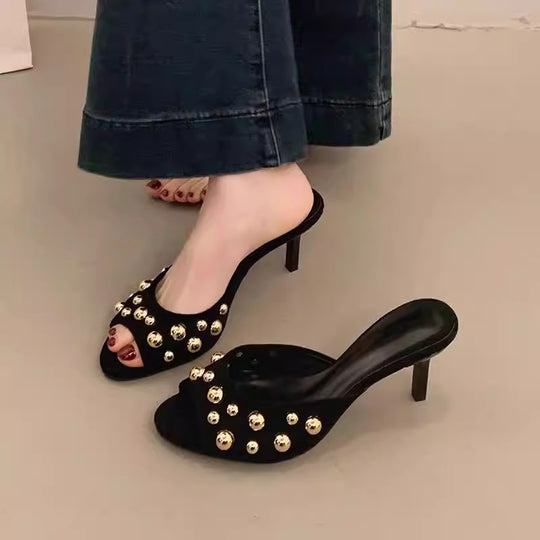 Damen elegante Mules mit funkelnden Perlen R&B