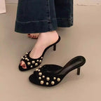 Damen elegante Mules mit funkelnden Perlen R&B