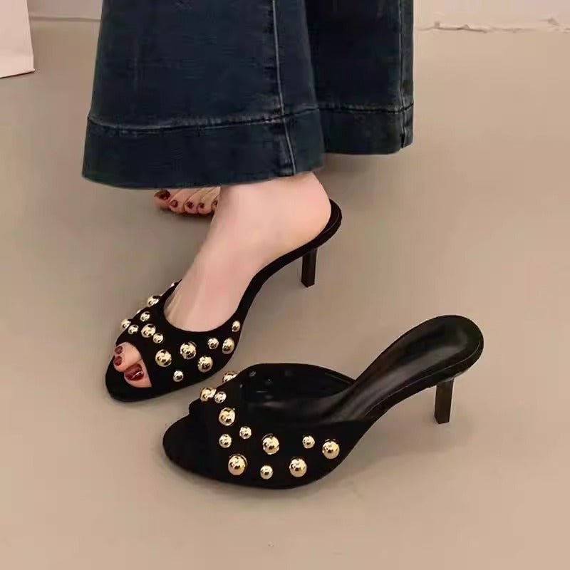 Damen elegante Mules mit funkelnden Perlen R&B