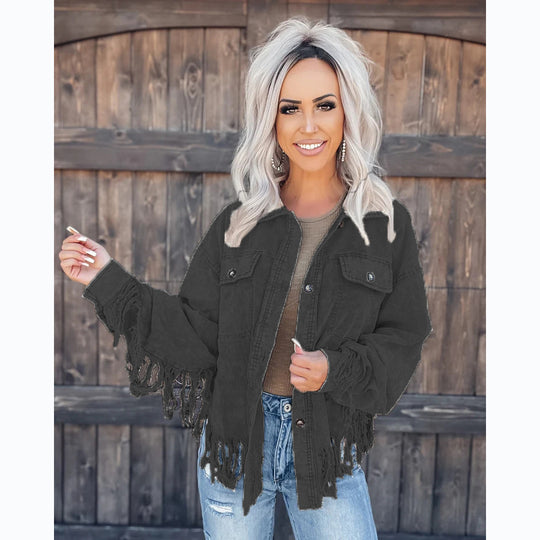 Damen Fransen-Jacke aus Denim im lässigen Oversize-Schnitt R&B