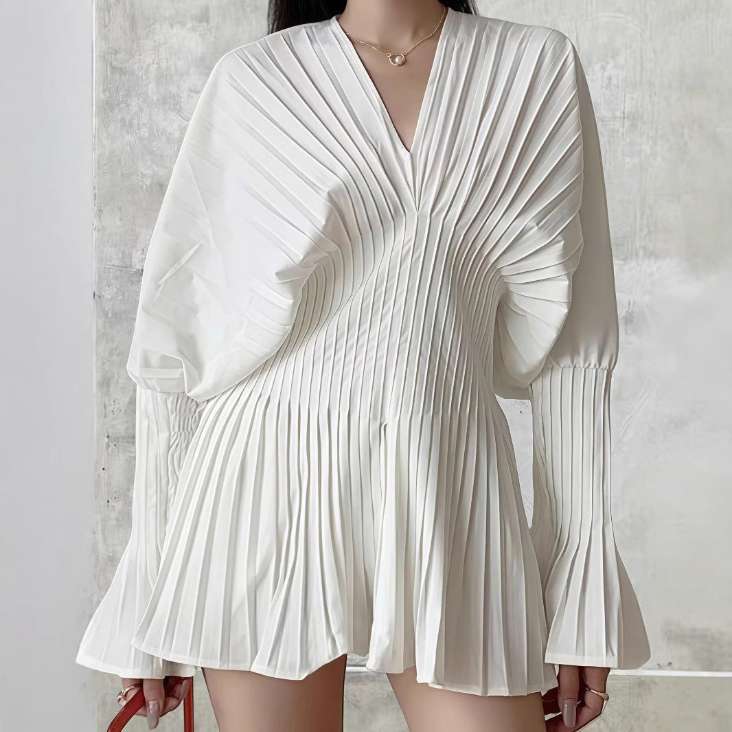 Damen Plissiertes Kleid mit tiefem V-Ausschnitt und weitem Ärmel R&B
