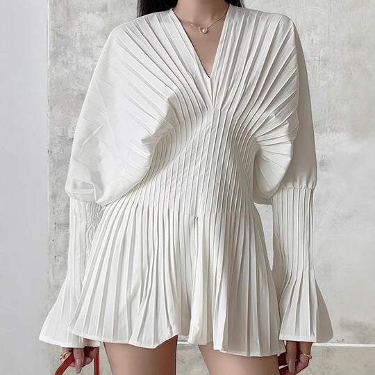 Damen Plissiertes Kleid mit tiefem V-Ausschnitt und weitem Ärmel R&B