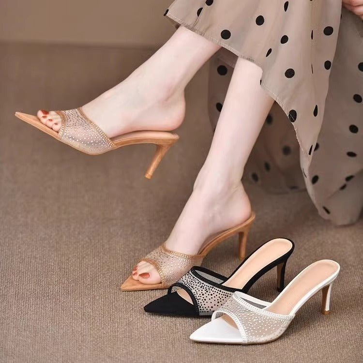 Damen elegante High Heel Mules mit funkelnden Strassverzierungen R&B