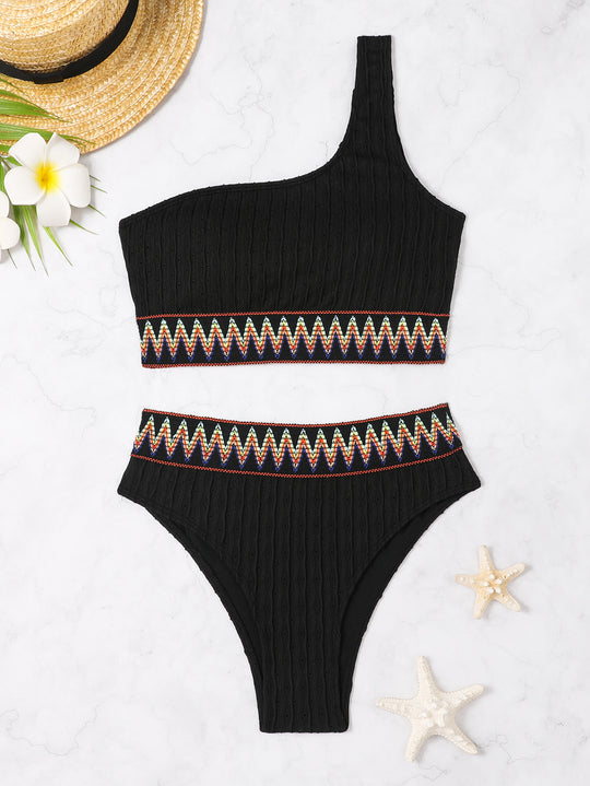 Damen Einseitiger Crop-Bikini mit buntem Jacquardband R&B