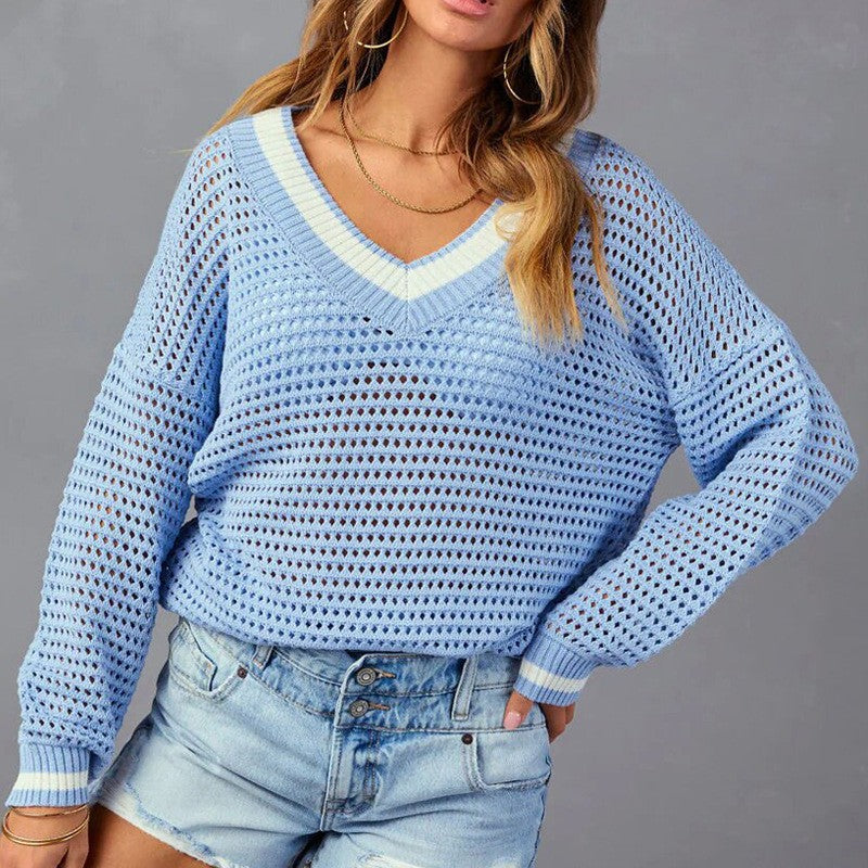 Damen Netzpullover im lässigen Oversized-Stil mit V-Ausschnitt und Rippenbündchen R&B