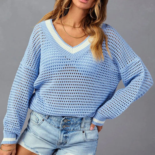 Damen Netzpullover im lässigen Oversized-Stil mit V-Ausschnitt und Rippenbündchen R&B