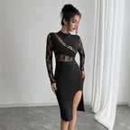 Damen nan elegantes Etuikleid mit Spitzenärmeln, transparentem Tailleneinsatz und hohem Seitenschlitz R&B