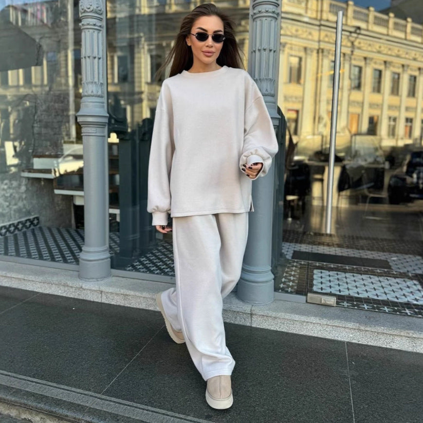 Damen lässiges Fleece-Loungewear-Set mit weichem Oversized-Pullover und bequemen Hosen R&B