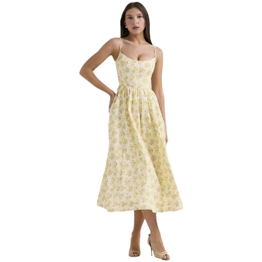 Damen Midi-Blumenkleid mit trägerlosem Stil und schwingendem Rock R&B