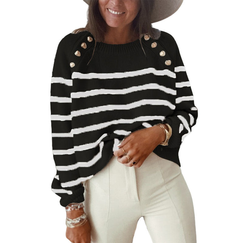 Damen Strickpullover mit zeitlosem Streifenmuster und dekorativen Knopfdetails R&B