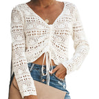 Damen Strickbluse mit dekorativem Lochmuster und verstellbarem Kordelzug